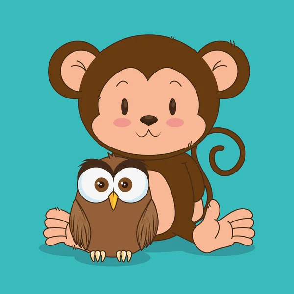 Kleine niedliche Affen- und Eulenfiguren — Stockvektor