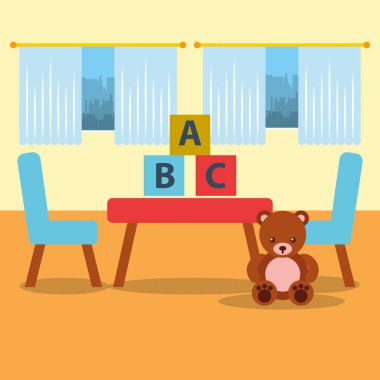 sınıf kinder masa sandalye ayı teddy blokları ve pencere