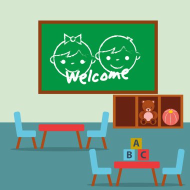 sınıf kinder kara tahta masa ve sandalyeler blok alfabesi