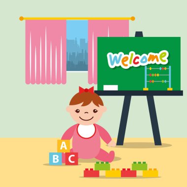küçük kız sınıf kinder chalkboard ve blok alfabesi