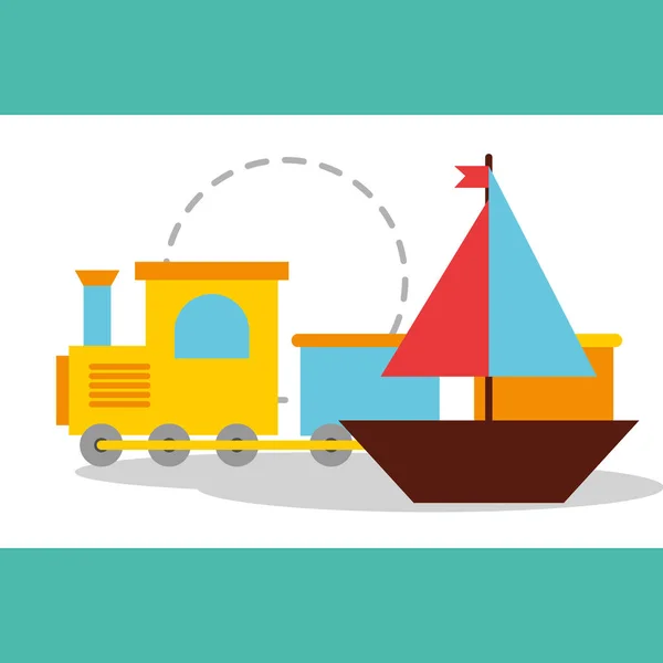 Spielzeug Segelboot und Eisenbahnwagen — Stockvektor