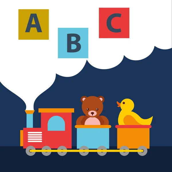 Bear teddy en eend in trein wagon blokken alfabet speelgoed — Stockvector