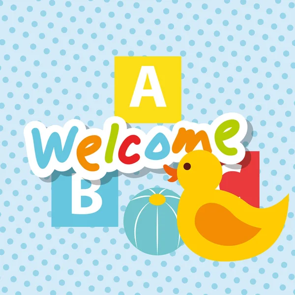 Welcome text rubber duck ball and blocks alphabet — Stock Vector