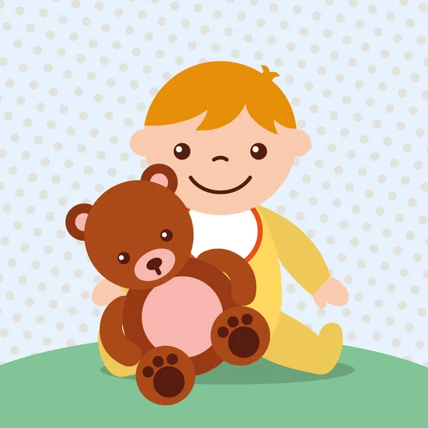 Söt liten knatte pojke med Björn teddy leksak — Stock vektor