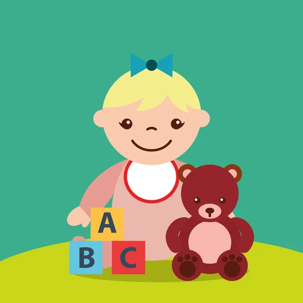 Cute little girl and teddy bear blocks alphabet toys — Stock Vector