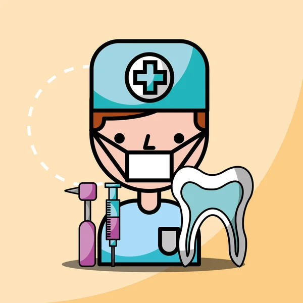 Dentysta chłopiec zęba dentystyczny wiertło i strzykawki — Wektor stockowy