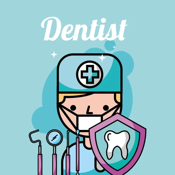 Dentist boy tooth protection instrument care — Stock Vector