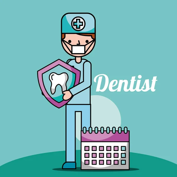 Стоматолог мальчик мультфильм держа зуб и планируя — стоковый вектор