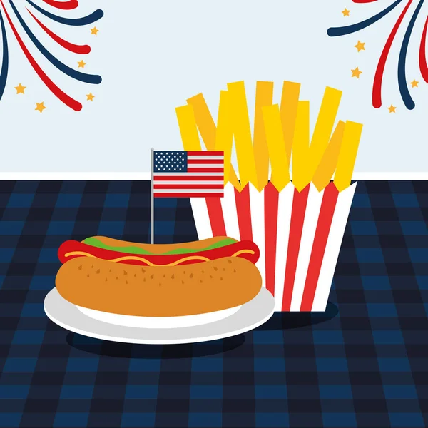 Cibo Americano Indipendenza Giorno Tavolo Quadrato Con Patatine Fritte Hotdog — Vettoriale Stock