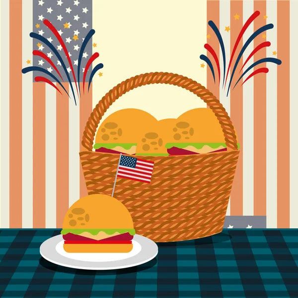 Élelmiszer Kosár Hamburguers Usa Zászló Amerikai Függetlenség Napja Tábla Vektoros — Stock Vector