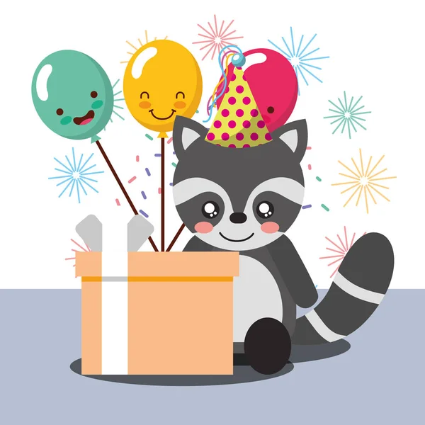 hediye kutusu kawaii balonlar şirin rakun şapkası mutlu yıllar vektör çizim parti