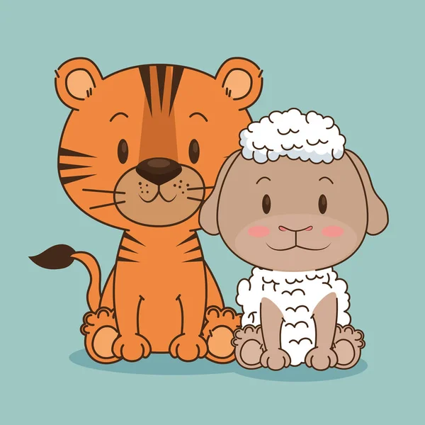 Милые и маленькие персонажи тигра и овцы — стоковый вектор