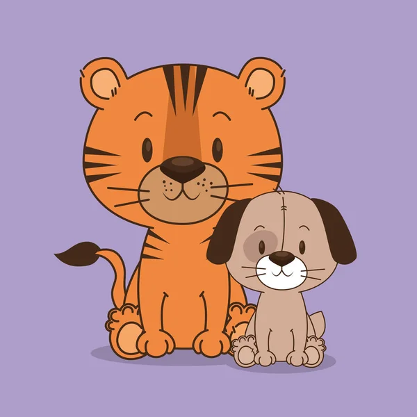 Personnages mignons et petits chien et tigre — Image vectorielle