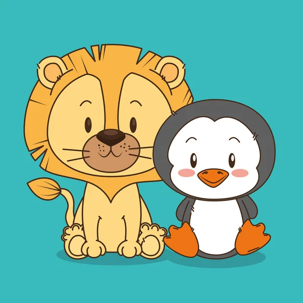 Lindos y pequeños personajes de león y pingüino — Vector de stock