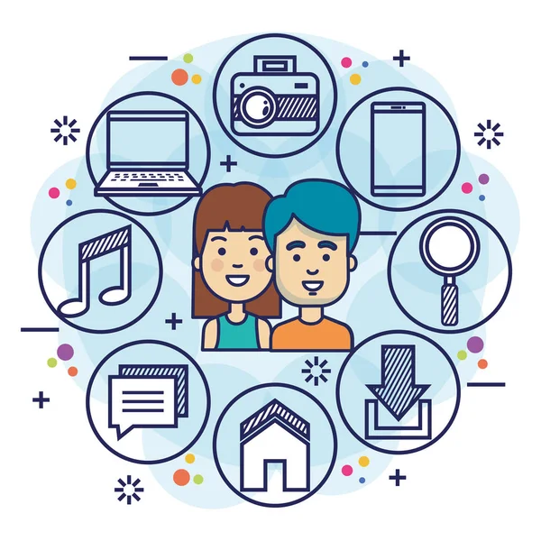 Sosyal medya pazarlama vektör çizim tasarımı ile çift avatarları