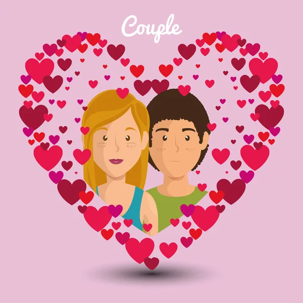 Amantes casal em avatares de coração personagens — Vetor de Stock
