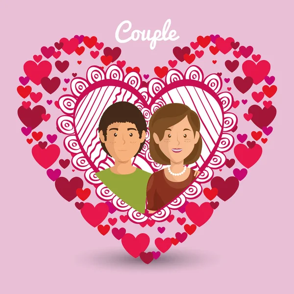 Amoureux couple en coeur avatars personnages — Image vectorielle