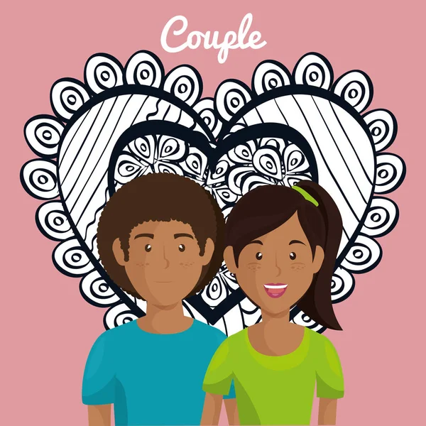 Coeur avec les amoureux couple avatars personnages — Image vectorielle