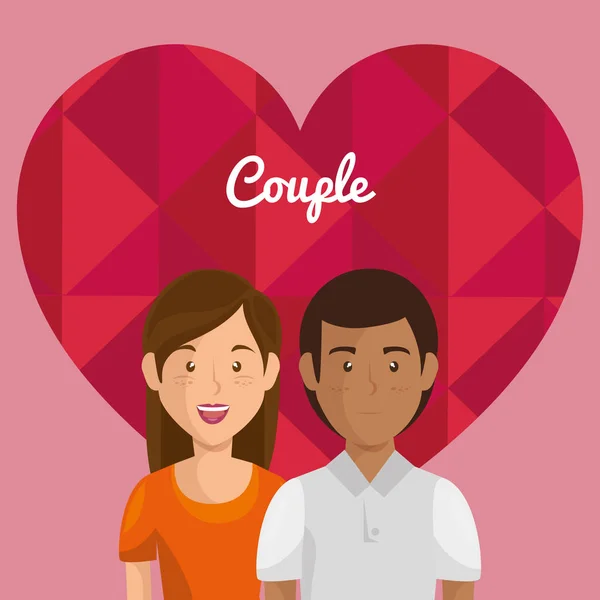Coração com amantes casal avatares personagens — Vetor de Stock