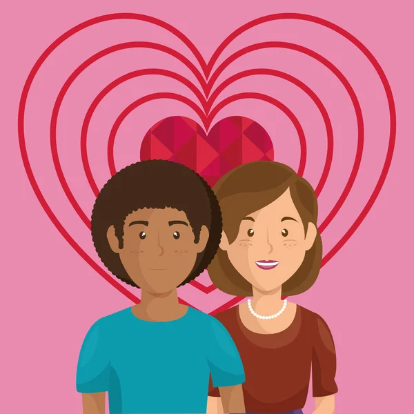 Coeur avec les amoureux couple avatars personnages — Image vectorielle