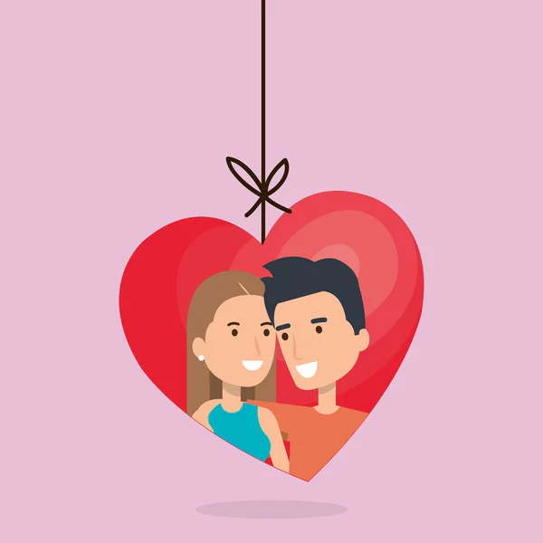 Amantes pareja en corazón colgando caracteres — Vector de stock