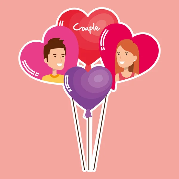 Ballons hélium avec les amoureux couple avatars personnages — Image vectorielle