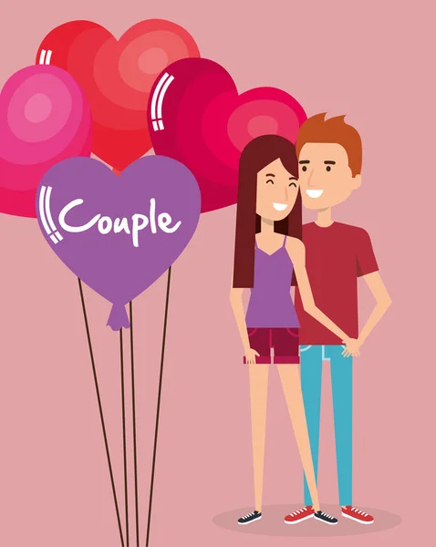 Globos helio con amantes pareja avatares caracteres — Vector de stock