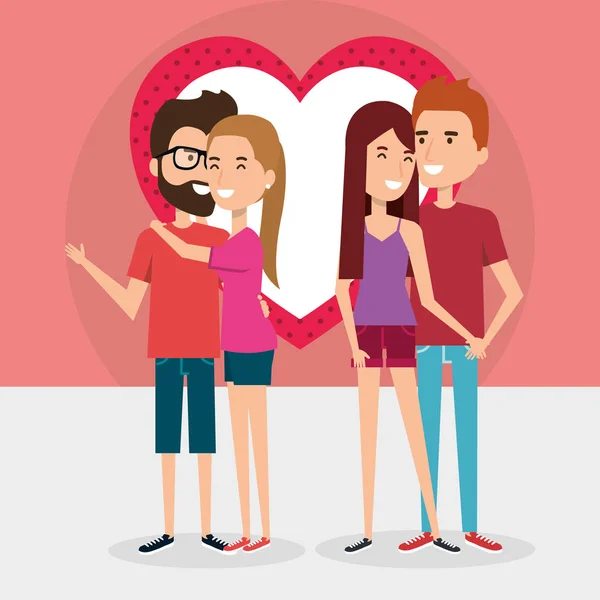 Grupo de amantes parejas con corazón — Vector de stock