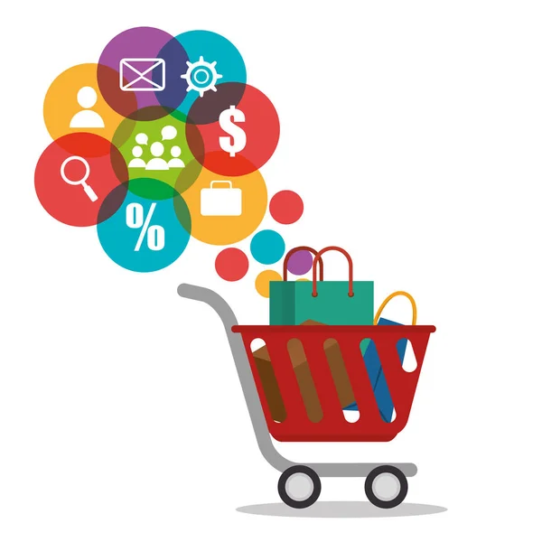Carrinho de compras com ícones de comércio eletrônico —  Vetores de Stock
