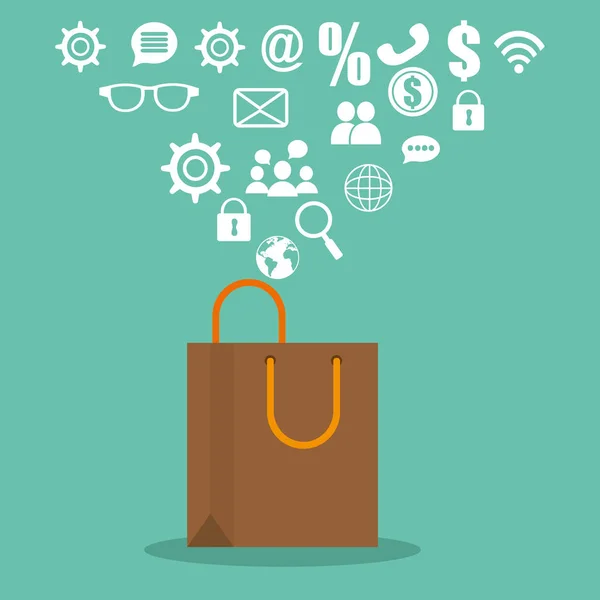 Einkaufstasche mit Symbolen des elektronischen Handels — Stockvektor