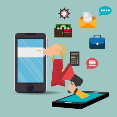 Smartphone ile elektronik ticaret simgeler vektör çizim tasarım