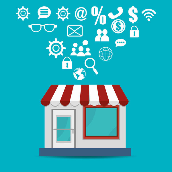 здание магазина с иконками электронной коммерции

