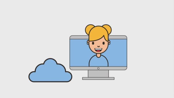 Jovem mulher em rede de computadores trabalho de armazenamento em nuvem — Vídeo de Stock