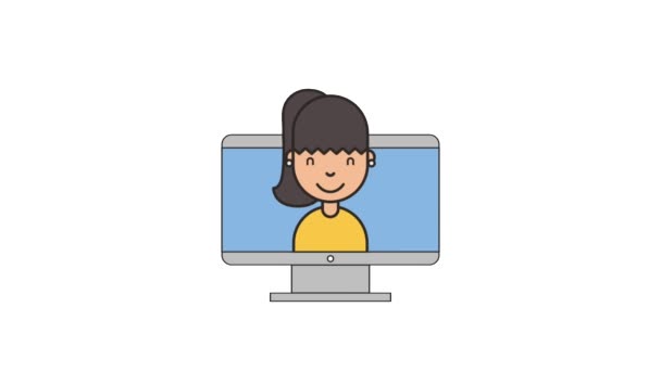 Junge Frau Bildschirm Computer Netzwerk Arbeit Nachricht Animation — Stockvideo