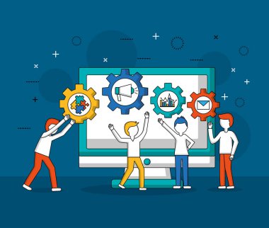 Megafon vektör çizim renkler vites tutan ekip çalışması kavramı bilgisayar çocuklar bulmaca