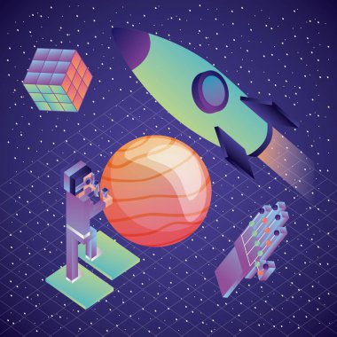 VR gözlük ve denetleyicileri kablolu eldiven gezegen ve uzay gemisi kullanan adam