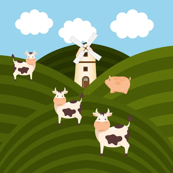 Vacas en la escena de la granja — Vector de stock