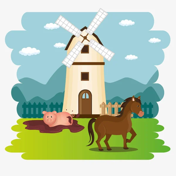 Animales en la escena de la granja — Vector de stock