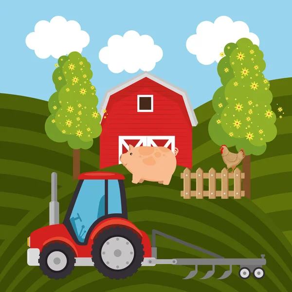 Tractor in the farm scene — Stock Vector