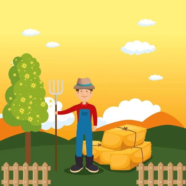 Agricultor en la escena de la granja — Vector de stock