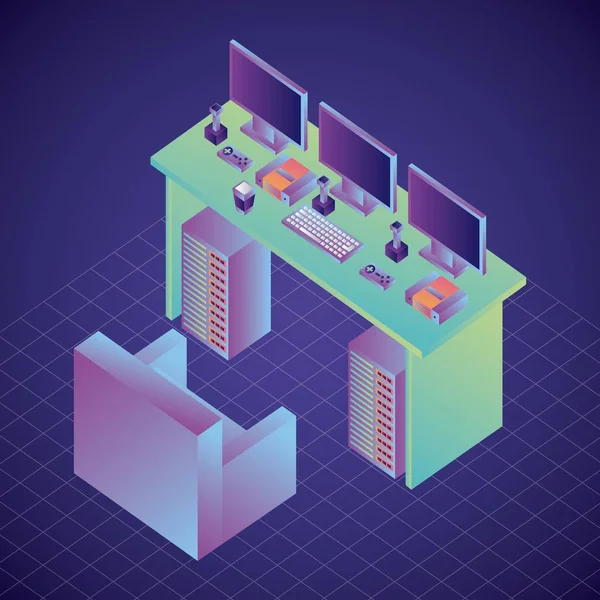 Інтер'єр кімнати віртуальна реальність диван теги комп'ютери джойстики та ігрові консолі — стоковий вектор