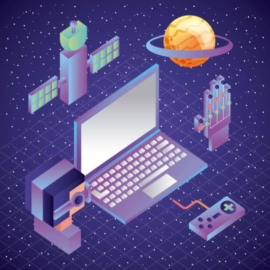 eldiven uydu gezegen kablolu adam ve dizüstü bilgisayar sanal gerçeklik kontrolü