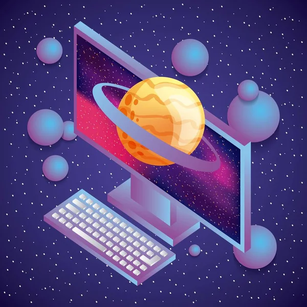 Computer Saturnus planeet vervagen achtergrond virtuele realiteit — Stockvector