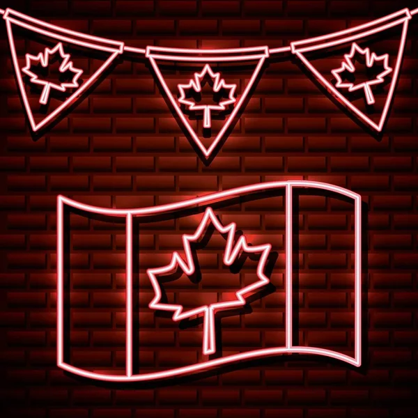 Канада День Неоновой Волны Флаг Оставить Кленовые Вымпелы Векторной Иллюстрации — стоковый вектор