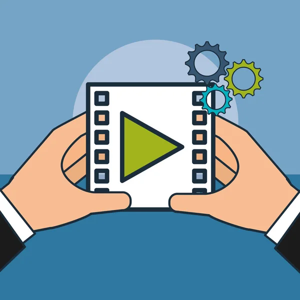 Handen met videospeler digitale marketing — Stockvector