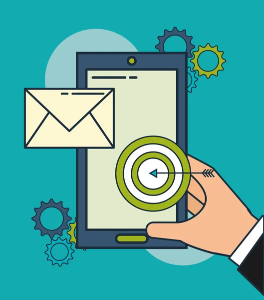 Mano con smartphone e-mail target marketing digitale — Vettoriale Stock