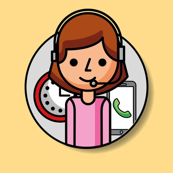 Портрет оператора женщина с наушниками телефон и часы обслуживания клиентов — стоковый вектор