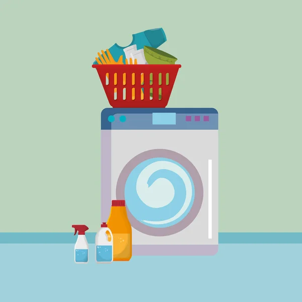 Máquina de lavar roupa com ícones de serviço de lavandaria —  Vetores de Stock