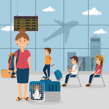 Genç kadın ile köpek havaalanında