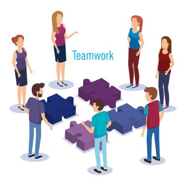 puzzle parçaları ekip çalışması insanlarla izometrik